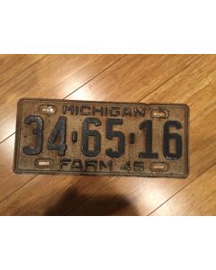 Antique Michigan License Plate Farm 1945 34-65-16. Black on silver, , "Farm 45" on bottom—"MICHIGAN" on Top  Single Plate Issued.   Condition as Pictured