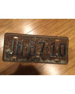 Antique Michigan License Plate 1945 JH-67-10. Black on silver, , "45" on bottom—"MICHIGAN" on Top  Single Plate Issued.   Condition as Pictured.