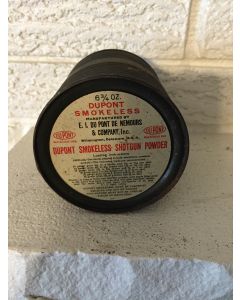 Very Nice Dupont Smokeless Shotgun Powder.  Empty Can.  6.75 oz. can.  E.I. Dupont De Mours & Co. Wilmington, Delaware.  Antique Vintage Rifle/Musket Black Powder Can Muzzle Loading. Labels Present on Top And Bottom Of Can.  3.75"H  X 3.25".