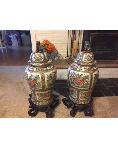 ***Sorry Sold***Beautiful Pair Of Chinese Rose Canton Lion Dog Knop Vases With Stands