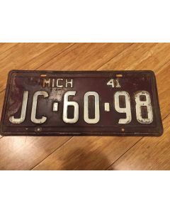 Antique Michigan License Plate 1941 JC-60-98 White on maroon, "MICH 41" on top
